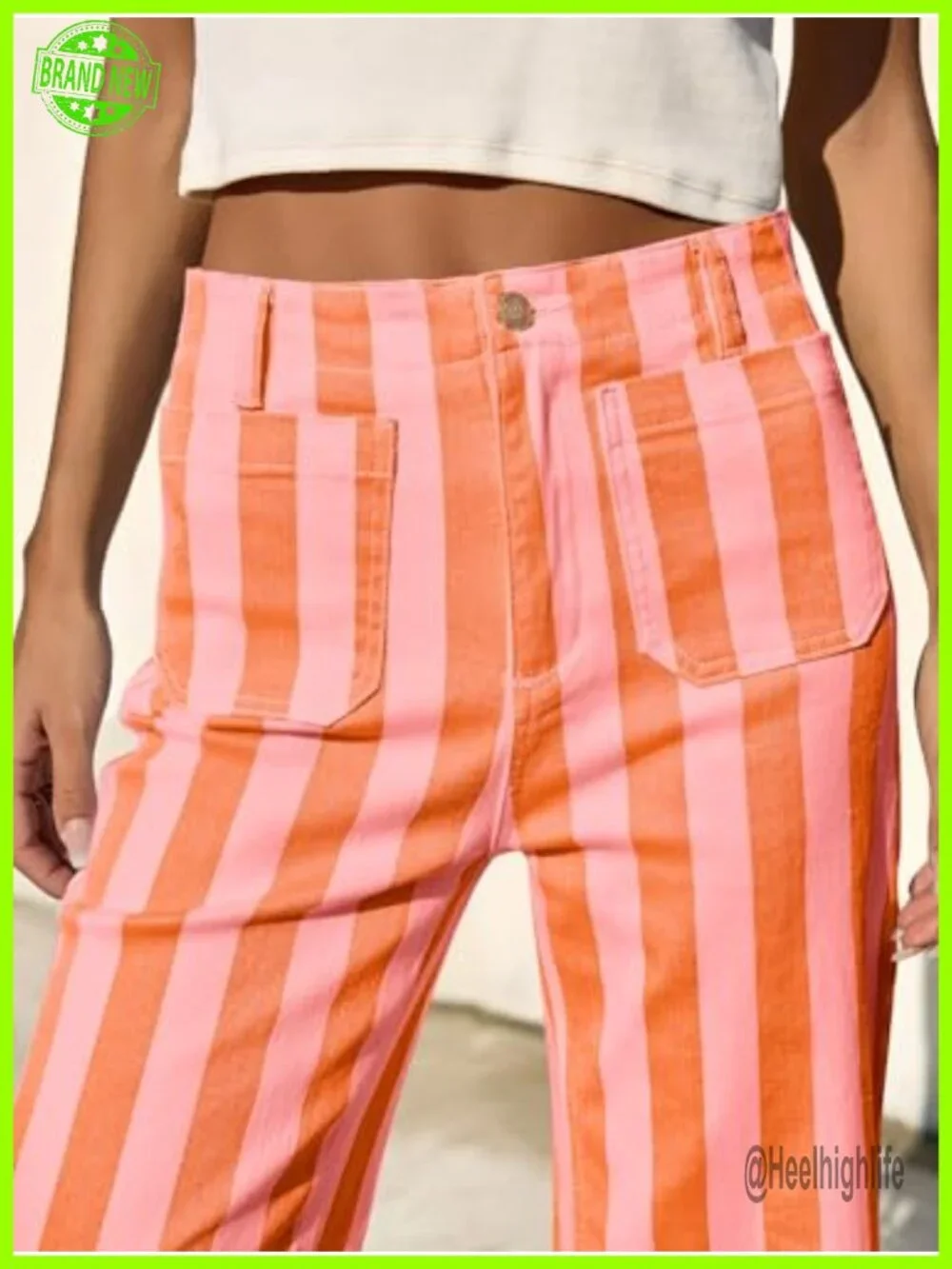 High Waisted Wide Leg Cropped Striped Jeans with Pockets Stretchy